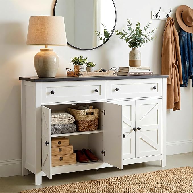 Farmhouse Kitchen Cabinet with Drawers, Rustic Sideboard Buffet Cabinet with Shelves and 4 Doors, Coffee Bar Cabinet, Storage Cabinet for Entryway Living Room Kitchen,White