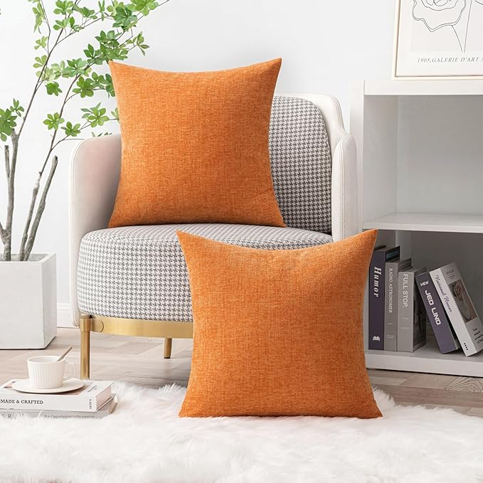 MIULEE Pack of 2 Orange Throw Pillow Covers 16x16 Inch Soft Chenille Pillow Covers for Sofa Living Room Couch Solid Dyed Cases