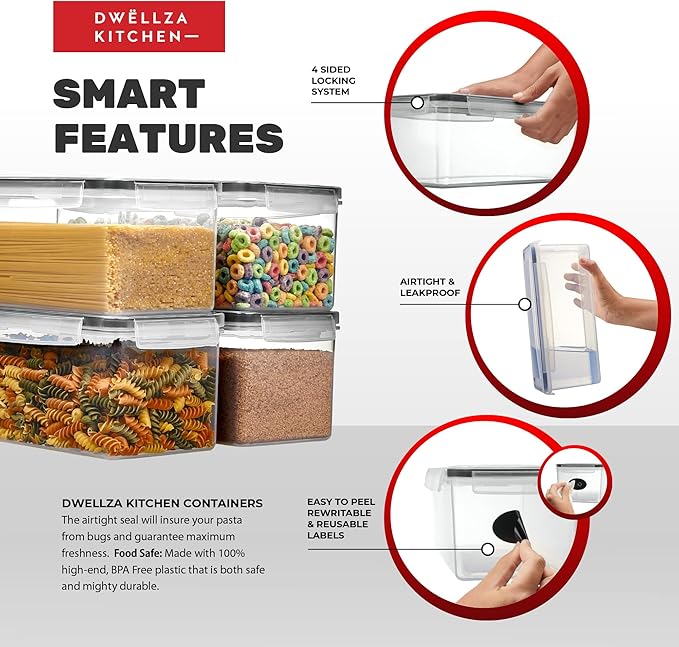 Large Airtight Food Storage Containers with Lids Set of 4 3.2L - 102 fl. oz Pasta storage Containers, BPA Free Plastic Spaghetti container - Air Tight Canisters for Kitchen Pantry Organization