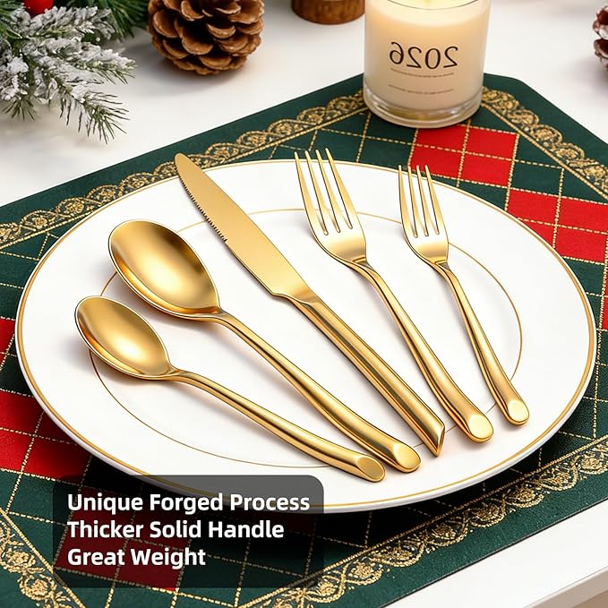 Gold 5-Piece Silverware Set, Elegant Stainless Steel Flatware Set, Cutlery Set Mirror Polished, Dishwasher Safe, Service for 1