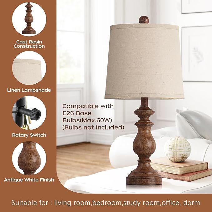 PARTPHONER Traditional Table Lamp Set of 2, Rustic Farmhouse Table Lamps for Living Room Bedroom, 22" Bedside Desk Lamps Vintage Nightstand Lamps with Linen Shades, Wood Grain