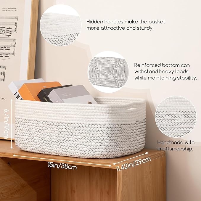 OIASKET Storage Baskets for Organizing 3 Pack, Woven Baskets for Shelves, Closet Organizer Bins Empty Gift Basket Toy Storage for Toys, Books, Towels, Clothes, 15"x11.42"x6.7", White & Black