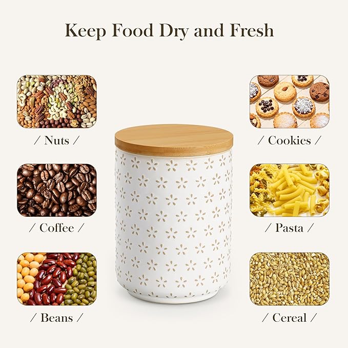 MALACASA LYDIA Ceramic Canisters Set with Airtight Lids, 80/40/20 oz Coffee Canisters Sets for the Kitchen, Large Jars for Flour, Sugar, Pasta, Coffee, Cookies, Tea - Set of 3, Five-Leaf Grass