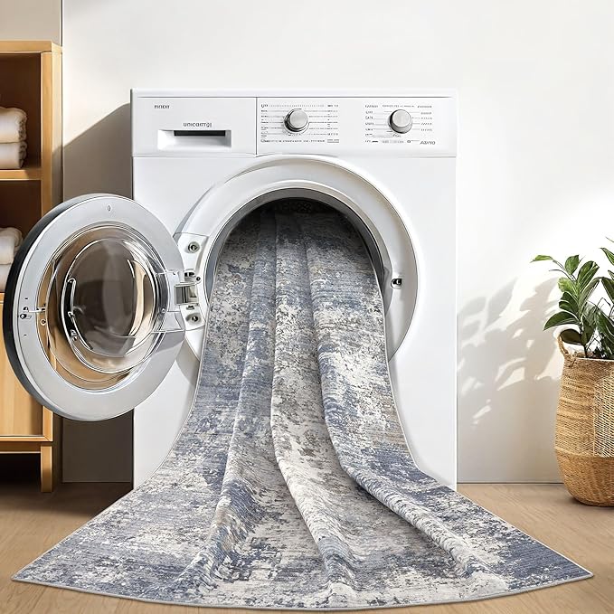 Area Rugs for Living Room: 6x9 Abstract Washable Rug Modern Neutral Large Soft Stain Resistant Non-Slip Backing Machine Table for Bedroom Dining Room Indoor Home Office Carpet - Light Denim Blue