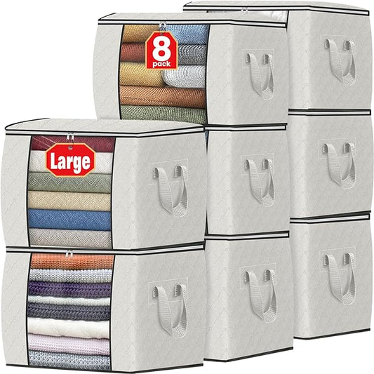Fab totes 24 Gallons Clothes Storage, Foldable Thick Fabric Blanket Storage Bags, Containers for Organizing Bedroom, Closet, Clothing, Comforter, Organization with Handle (8 Pack,Ivory)