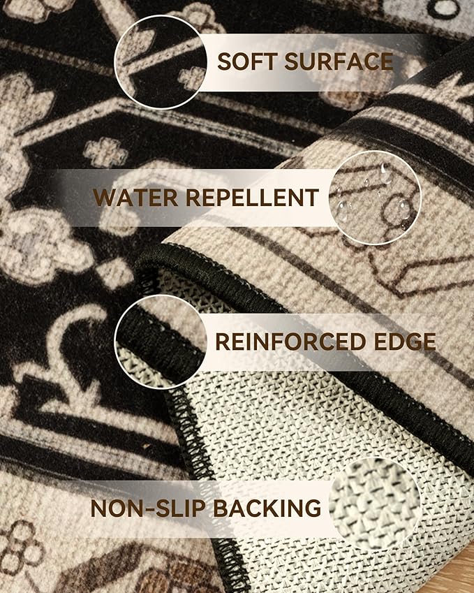 RELEANY Area Rugs 9'x12' Washable Non-Slip, Floral Vintage Distress Print Pattern Medallion Carpet for Living Room Bedroom Dining Room, Black Brown Neutral Dark Tan