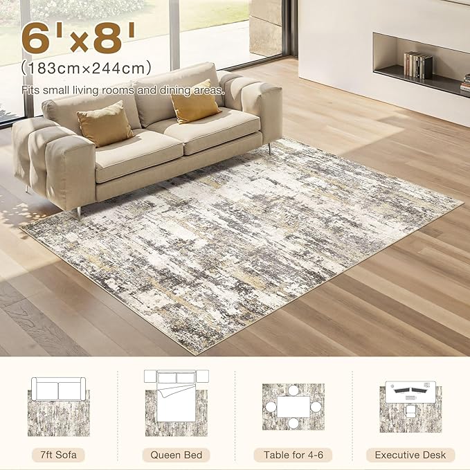 Area Rugs for Living Room: 6x8 Abstract Washable Rug Modern Neutral Large Soft Stain Resistant Non-Slip Backing Machine Table for Bedroom Dining Room Indoor Home Office Carpet - Gold Brown