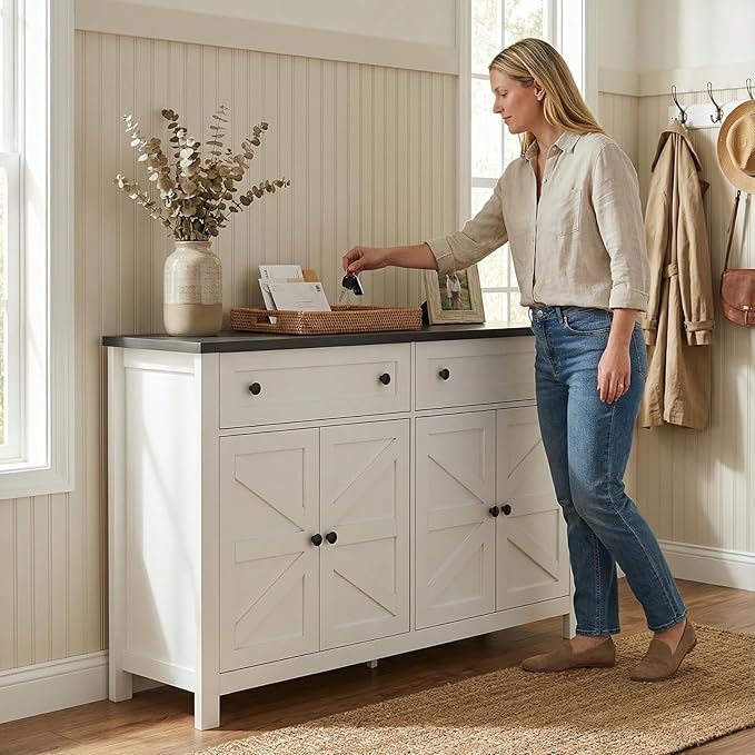 Farmhouse Kitchen Cabinet with Drawers, Rustic Sideboard Buffet Cabinet with Shelves and 4 Doors, Coffee Bar Cabinet, Storage Cabinet for Entryway Living Room Kitchen,White