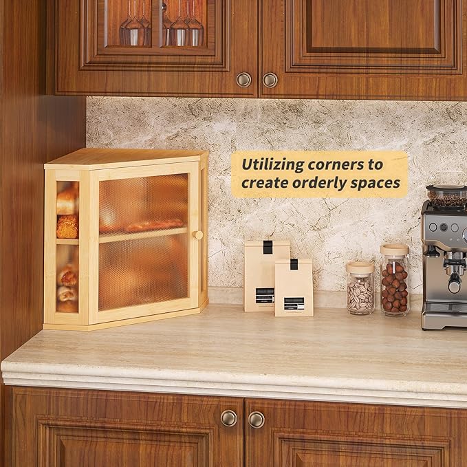 Corner Bread Box for Kitchen Countertop,Bread Storage for Homemade Bread, Double Layer Large Bamboo Kitchen Storage Bin with Window (Natural, Medium)