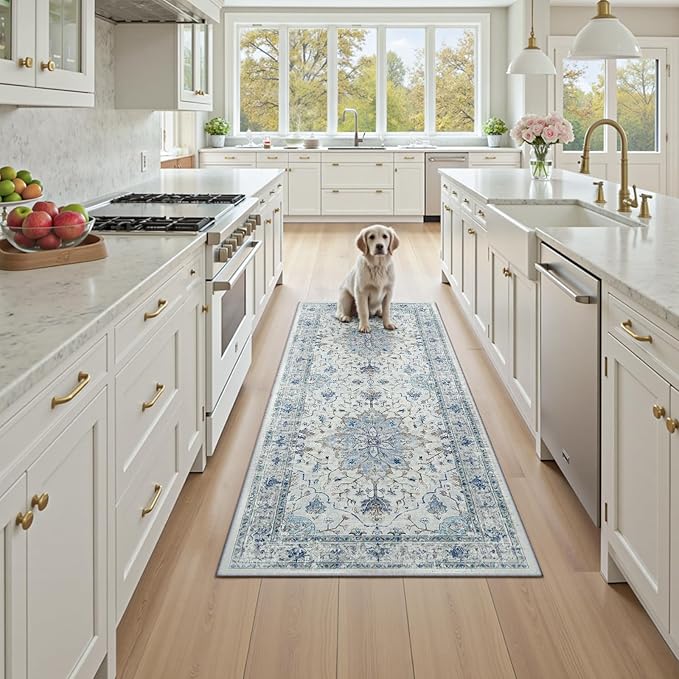RELEANY Area Rugs 3'x6' Runner Rug Non Slip Washable for Kitchen Hallway Bedroom Beside Laundry Room Bathroom Rug, Floor Carpet, Light Blue Navy Beige Gray White