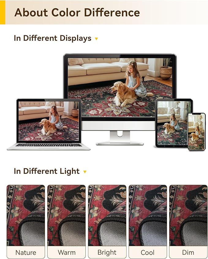 RELEANY Area Rugs Round 6ft Washable Non-Slip, Floral Vintage Distress Print Pattern Medallion Carpet for Living Room Bedroom Dining Room, Red Black