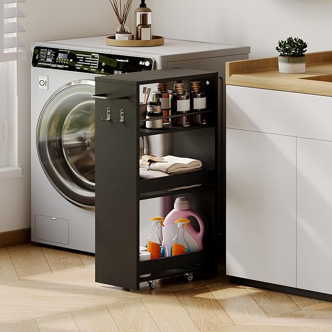 ChooChoo 4-Tier Slim Storage Cart with Handle, 7.87" W Rolling Utility Cart on Universal Wheels, Kitchen Cart Mobile Shelving Organization for Laundry Room, Bathroom & Narrow Places, Black