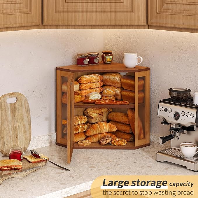 Corner Bread Box for Kitchen Countertop,Bread Storage for Homemade Bread, Double Layer Large Bamboo Kitchen Storage Bin with Window (Brown, Medium)