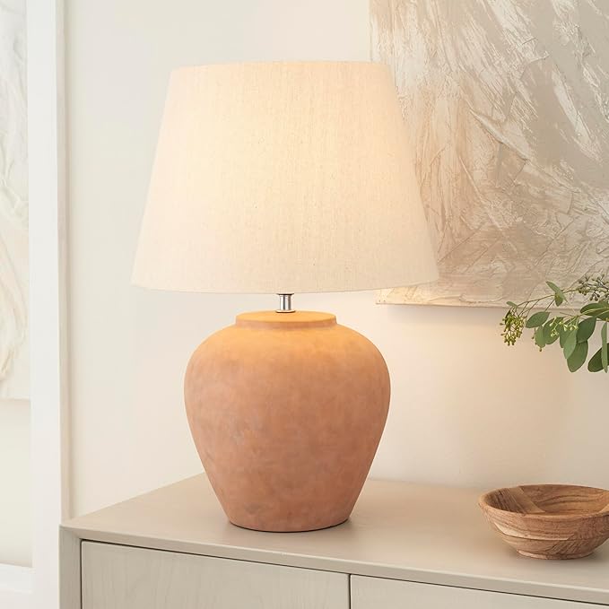 Nourison Home 20" Rustic Terracotta Ceramic Table Lamp with Fabric Shade, Bedside Nightstand Lamp for Bedroom, Living Room, Entryway