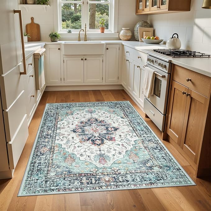 RELEANY Area Rugs 4'x6' Washable Non-Slip, Floral Vintage Distress Print Pattern Medallion Carpet for Living Room Bedroom Dining Room, Green Navy Blue White Red Teal Colorful