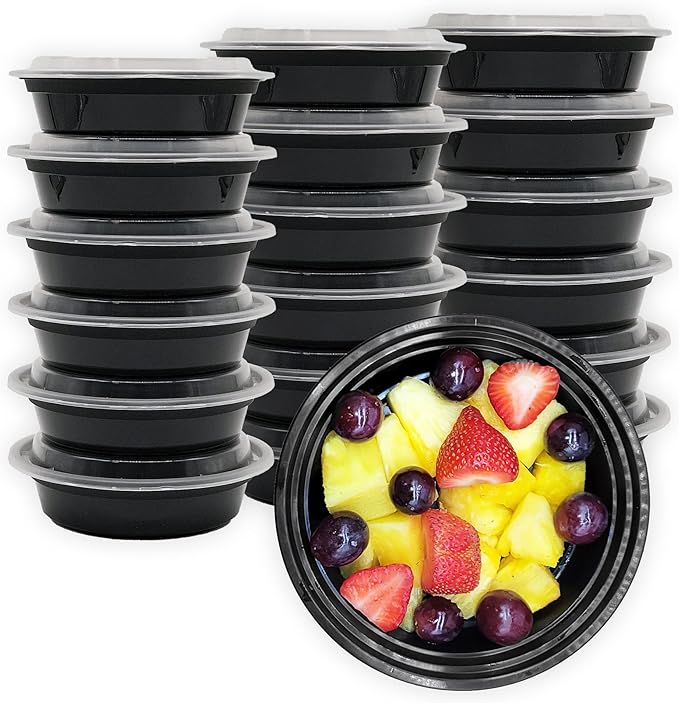 MULMEHË Plastic Food Storage Take-Out Container and Lid Combo, 16 oz, Microwaveable, Round, Black, 6x1.5”, Set of 150