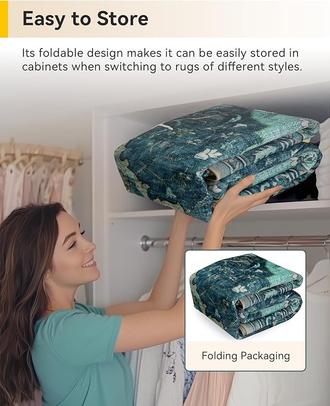 RELEANY Area Rugs 3'x4' Washable Non-Slip, Floral Vintage Distress Print Pattern Medallion Carpet for Living Room Bedroom Dining Room, Teal Green Lake Blue Turquoise