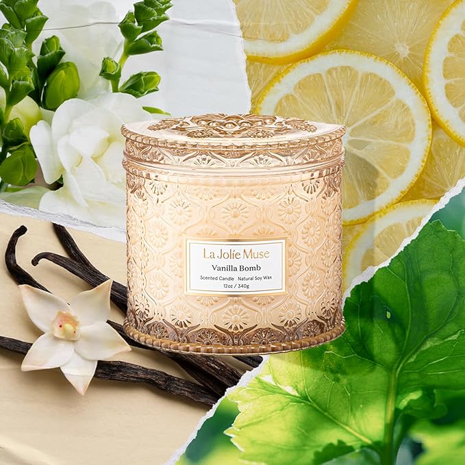 LA JOLIE MUSE Vanilla Bomb Candle | Lemon Zest, Fressia & Patchouli | 12 oz Large 2-Wick Soy Wax Candle | 60 Hours Clean Burn | Valentines Day Decor & Gift for Her
