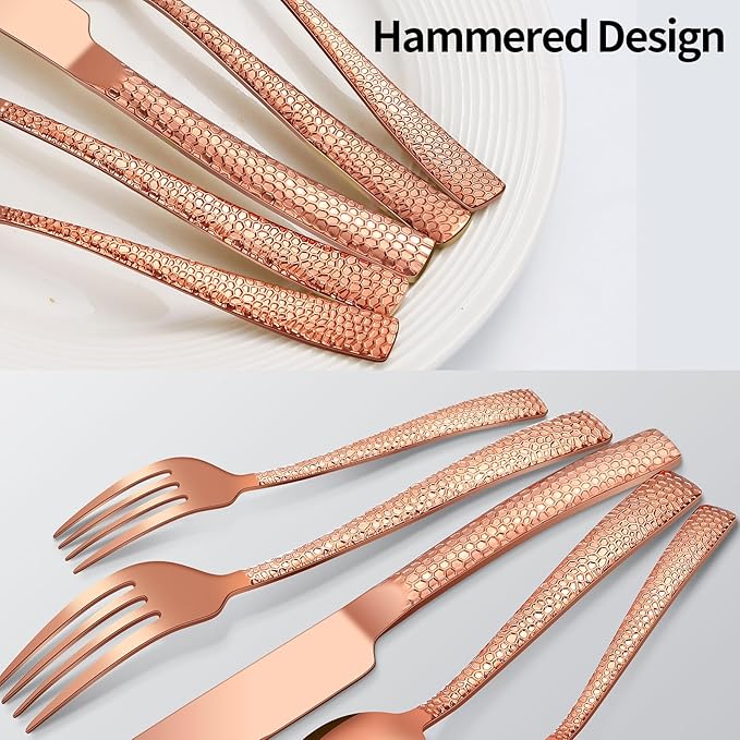 45-Piece Silverware Set with Serving Utensils Set, Rose Gold Hammered Stainless Steel Flatware for 8, Food-Grade Tableware, Including Fork, Knife, Spoon Set, Home Kitchen Cutlery, Dishwasher Safe