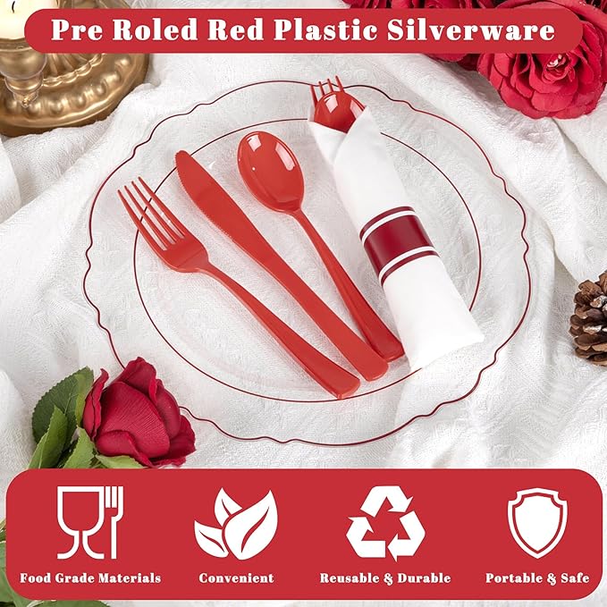 Liacere 400PCS Pre Rolled Red Silverware and Napkin - Disposable Red Plastic Utensils-Wrapped Plastic Cutlery Set with Napkin:100Forks,100Knives,100Spoons,100Napkins for Wedding＆Valentine's Day