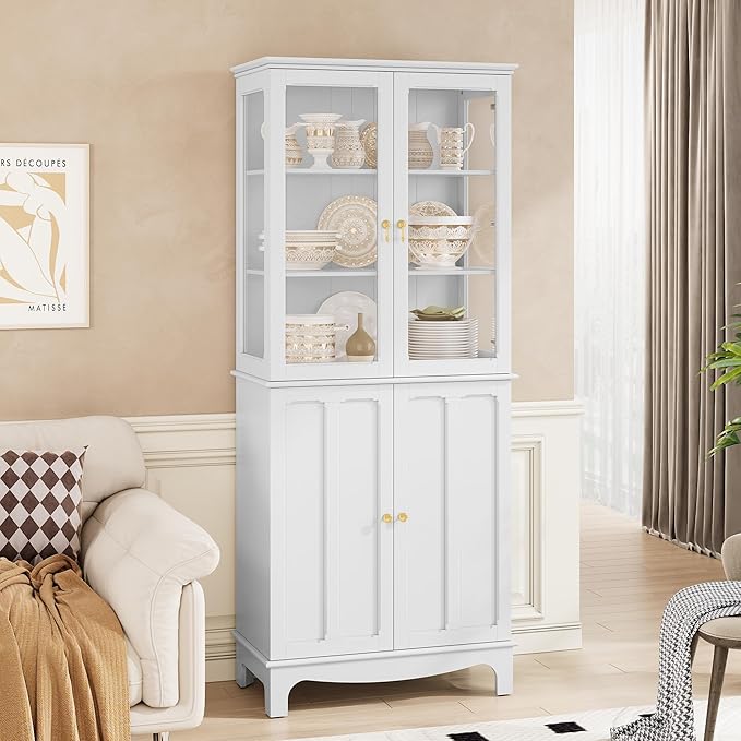 72" Tall Kitchen Pantry Cabinet with Glass Door and Adjustable Shelves, Vintage Food Storage Cabinet for Kitchen, Dining Room, Living Room, White