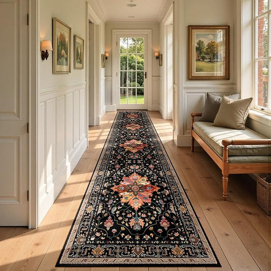 RELEANY Area Rugs 2'6''x14' Runner Rug Non Slip Washable for Kitchen Hallway Bedroom Beside Laundry Room Bathroom Rug, Floor Carpet, Black Colorful Floral Dark Tan