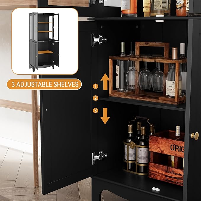 72" Tall Kitchen Pantry Cabinet with Glass Door and Adjustable Shelves, Vintage Food Storage Cabinet for Kitchen, Dining Room, Living Room, Black