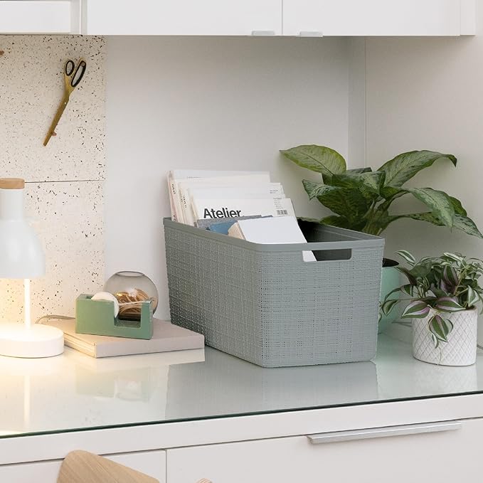 Curver Set of 4 Jute Large Decorative Plastic Organization and Storage Baskets, Perfect Bins for Home Office, Closet Shelves, Kitchen Pantry and All Bedroom Essentials, Grey