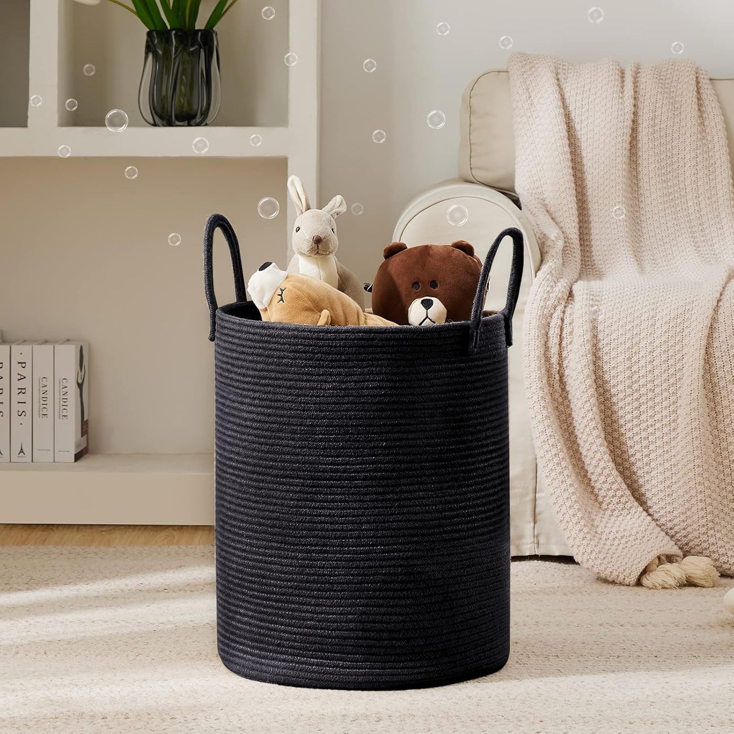 YOUDENOVA Woven Rope Laundry Hamper Basket, 72L Tall Luandry Basket, Baby Nursery Hamper for Blanket Storage in Bedroom-Large- Black