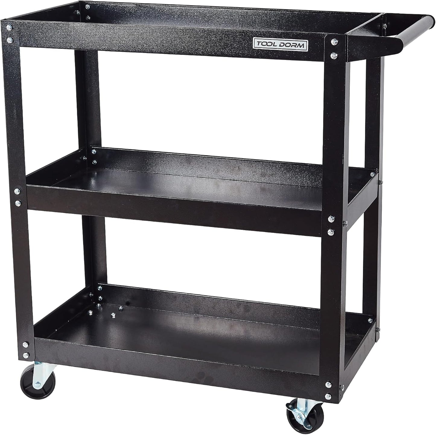 Utility Service Cart, 3 Shelf 200LBS Heavy Duty Steel Rolling Utility Cart, Medium Lipped Shelf, 360° Swivel Wheels, Ergonomic Storage Handle for Warehouse Garage, Black