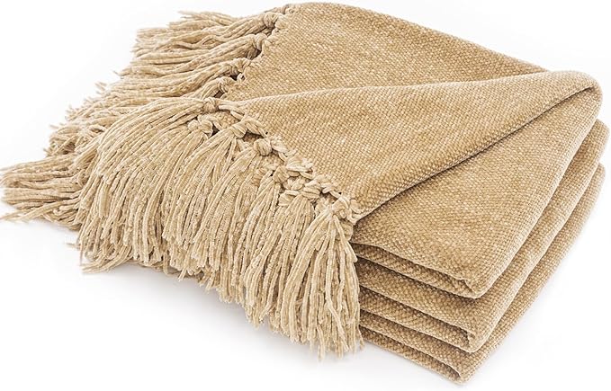RECYCO Throw Blanket Soft Cozy Chenille Throw Blanket with Fringe Tassel for Couch Sofa Chair Bed Living Room Gift (Beige, 50" x 60")