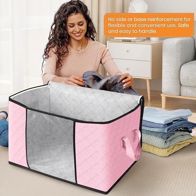 Fab totes 24 Gallons Clothes Storage, Foldable Thick Fabric Blanket Storage Bags, Containers for Organizing Bedroom, Closet, Clothing, Comforter, Organization with Handle (8 Pack,Pink)