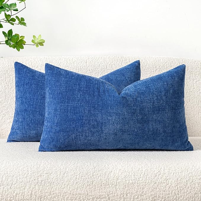 MIULEE Pack of 2 Couch Throw Pillow Covers 12x20 Inch Soft Royal Blue Chenille Pillow Covers for Sofa Living Room Solid Dyed Pillow Cases