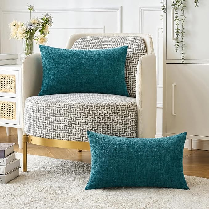 MIULEE Pack of 2 Dark Teal Throw Pillow Covers 12x20 Inch Soft Chenille Pillow Covers for Sofa Living Room Couch Solid Dyed Cases