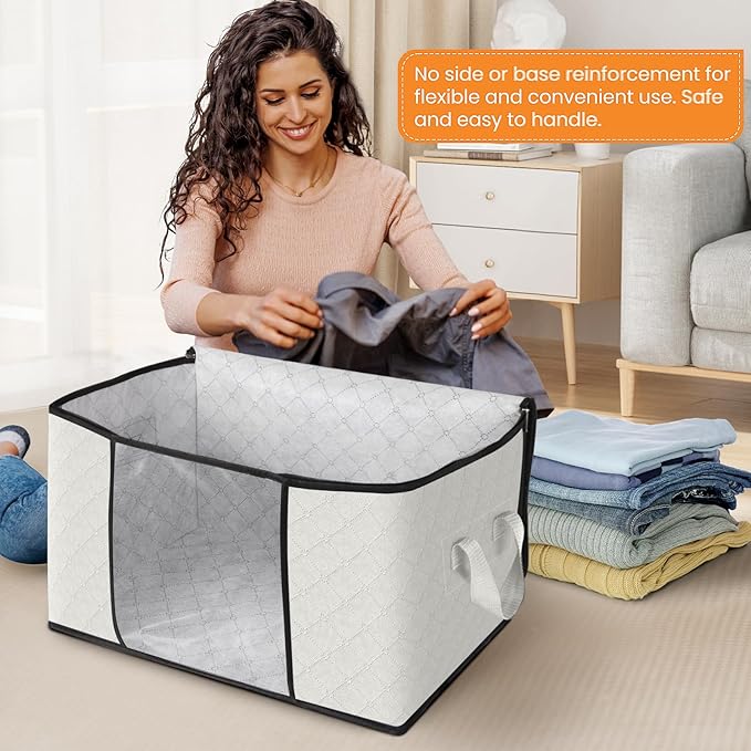 Fab totes 4 Pack Clothes Storage, Foldable Thick Fabric Blanket Storage Bags, Containers for Organizing Bedroom, Closet, Clothing, Comforter, Organization with Handle,Ivory White
