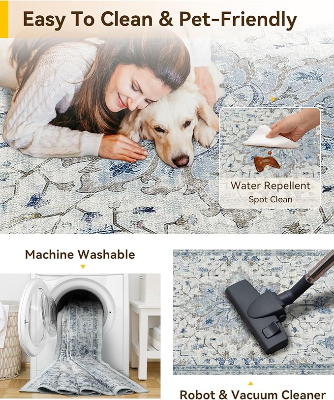 RELEANY Area Rugs 3'x6' Runner Rug Non Slip Washable for Kitchen Hallway Bedroom Beside Laundry Room Bathroom Rug, Floor Carpet, Light Blue Navy Beige Gray White