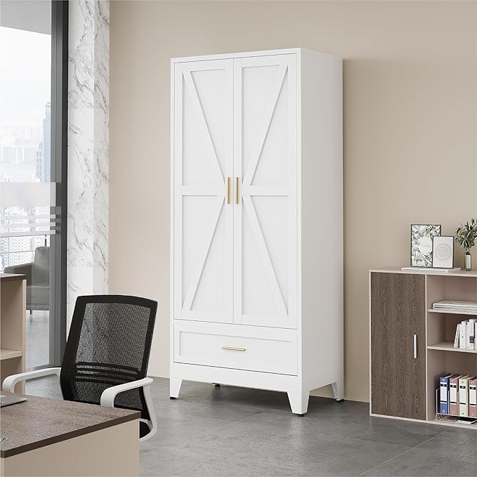 71" Storage Cabinet with Bottom Drawer, Pantry Cabinet in White with 2 Doors & 4 Adjustable Shelves, Freestanding Steel Cupboard for Garage, Home Office, Kitchen, Heavy-Duty Storage