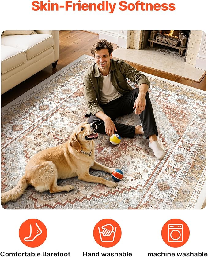 VEVOR 9 x 12 ft Area Rug Large Washable Rug Non-Slip and Tear-Resistant Soft Carpet Pet & Child Friendly Vintage Area Rugs Indoor Mat for Bedroom Living Room Kids Room Office Brown Red