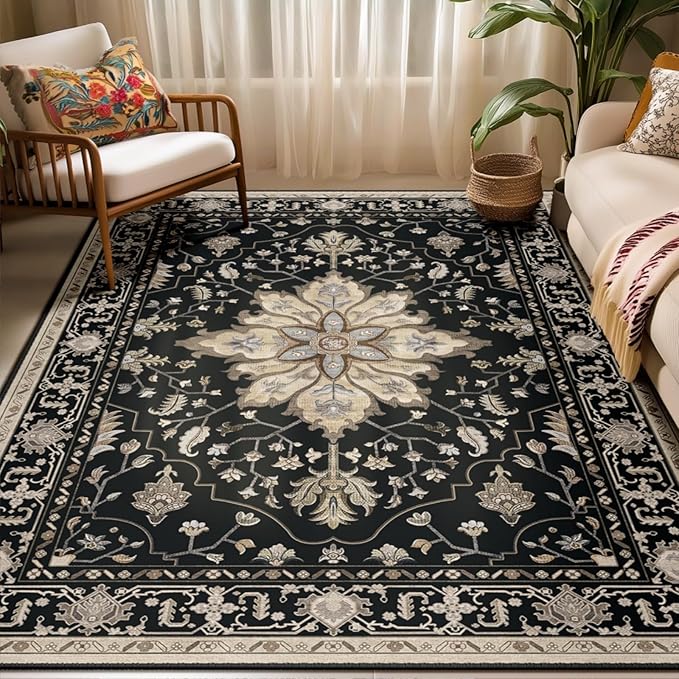 RELEANY Area Rugs 5'x7' Washable Non-Slip, Floral Vintage Distress Print Pattern Medallion Carpet for Living Room Bedroom Dining Room, Black Brown Neutral Dark Tan