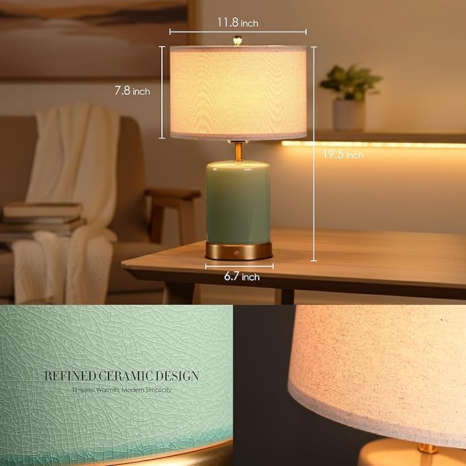 O’Bright Dune - Battery Powered Table Lamp, Rechargeable Cordless Ceramic Lamp, Full-Size 19.5 Inch Height, Dimmable, Smart Safety Protection, Type-C Fast Charging, LED Bulb Included, Sage Green
