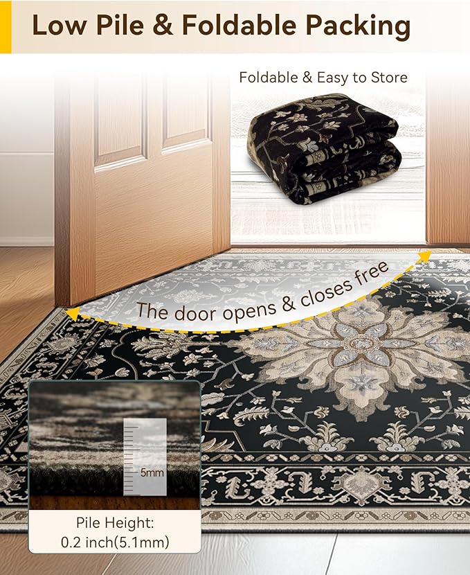 RELEANY Area Rugs 2'6''x14' Runner Rug Non Slip Washable for Kitchen Hallway Bedroom Beside Laundry Room Bathroom Rug, Floor Carpet, Black Brown Neutral Dark Tan