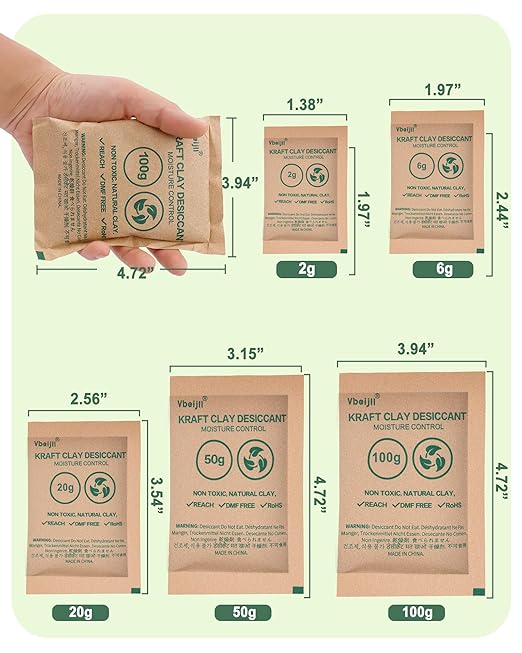 6 Gram (100 Pack) Kraft Clay Desiccants Packs, Premium Food Grade Desiccant - Rechargeable Moisture Absorbers for Food Storage, Electronics, 3D Filament & Safes