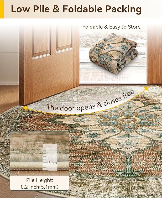 RELEANY Area Rugs 4ft Washable Non-Slip, Floral Vintage Distress Print Pattern Medallion Carpet for Living Room Bedroom Dining Room, Brick Red Rust Neutral Brown Burnt Orange