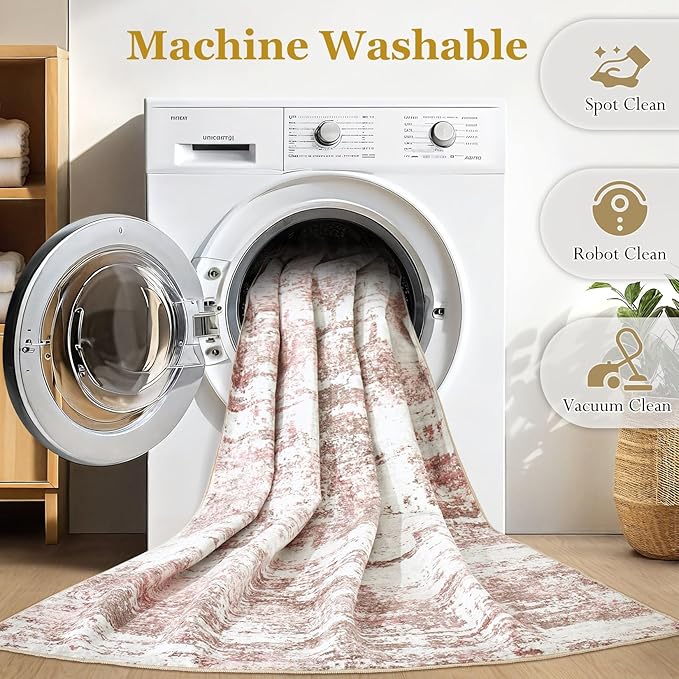 Area Rugs for Living Room: 6x9 Abstract Washable Rug Modern Neutral Large Soft Stain Resistant Non-Slip Backing Machine Table for Bedroom Dining Room Indoor Home Office Carpet - Pink