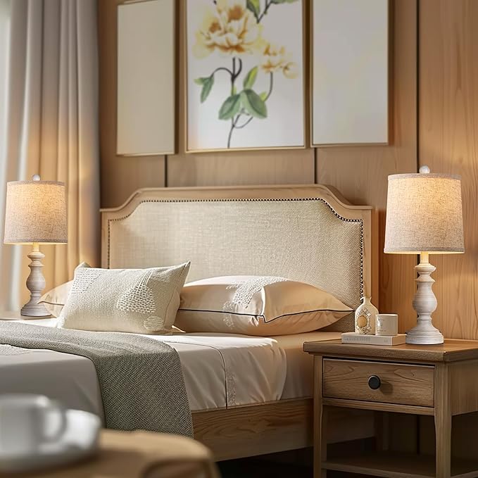 PARTPHONER Traditional Table Lamp Set of 2, Rustic Farmhouse Table Lamps for Living Room Bedroom, 22" Bedside Desk Lamps Vintage Nightstand Lamps with Linen Shades, Antique Grey