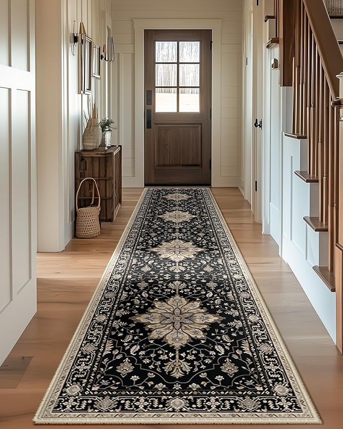RELEANY Area Rugs 2'x10' Runner Rug Non Slip Washable for Kitchen Hallway Bedroom Beside Laundry Room Bathroom Rug, Floor Carpet, Black Brown Neutral Dark Tan