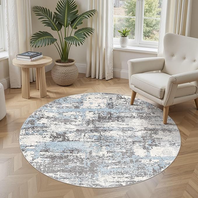 5ft Round Area Rugs for Living Room: 5x5 Abstract Washable Rug Modern Large Soft Stain Resistant Non-Slip Backing Machine Table for Bedroom Dining Room Indoor Home Office Carpet - Blue Grey