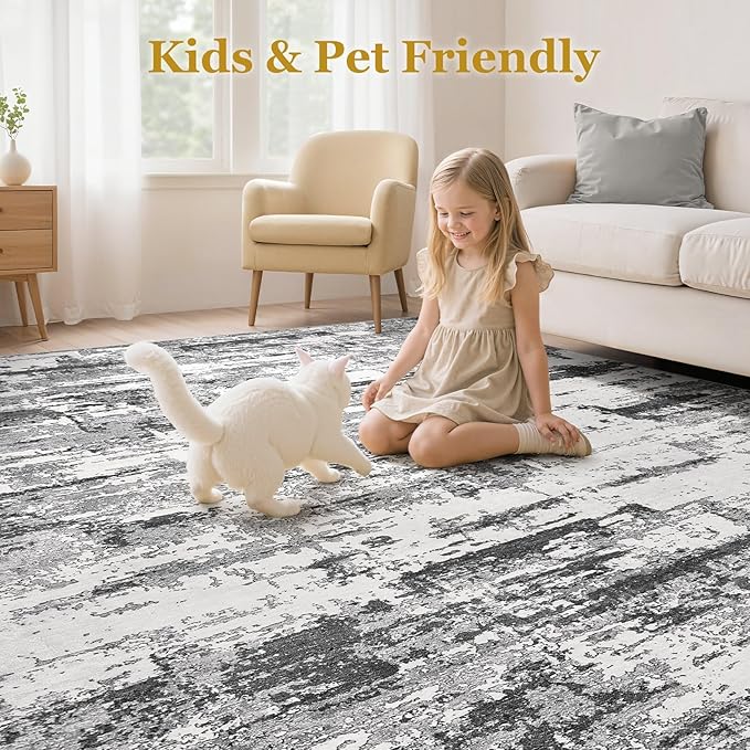 Area Rugs for Living Room: 6x8 Abstract Washable Rug Modern Neutral Large Soft Stain Resistant Non-Slip Backing Machine Table for Bedroom Dining Room Indoor Home Office Carpet - Black Grey