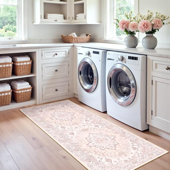RELEANY Area Rugs 2'x6' Runner Rug Non Slip Washable for Kitchen Hallway Bedroom Beside Laundry Room Bathroom Rug, Floor Carpet, Pink Greypink Cute