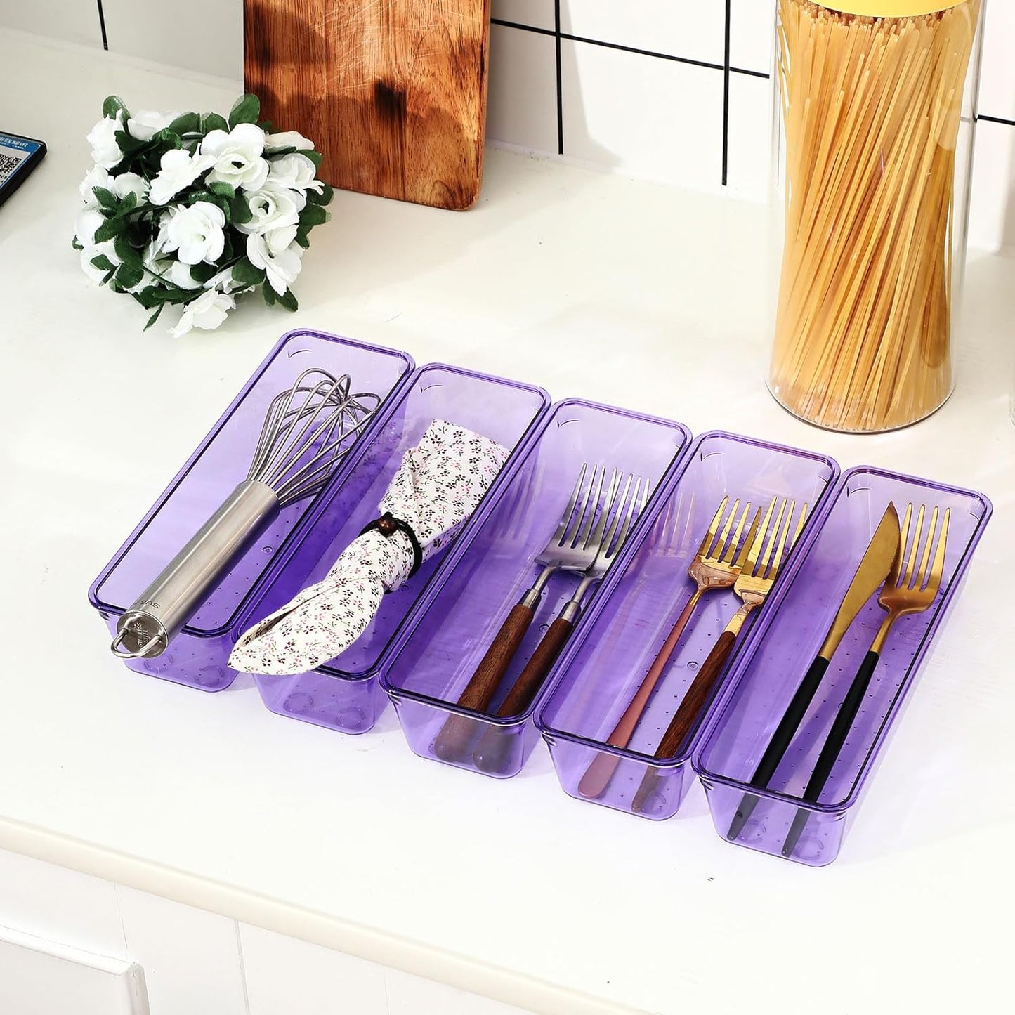 Maitys 12 Pcs Vanity Drawer Organizer 9 x 3 x 2 Inches Clear Plastic Utensil Organizers Kitchen Drawers Dividers for Office Desk Silverware Kitchen Utensils Cosmetics and Bathrooms(Purple)